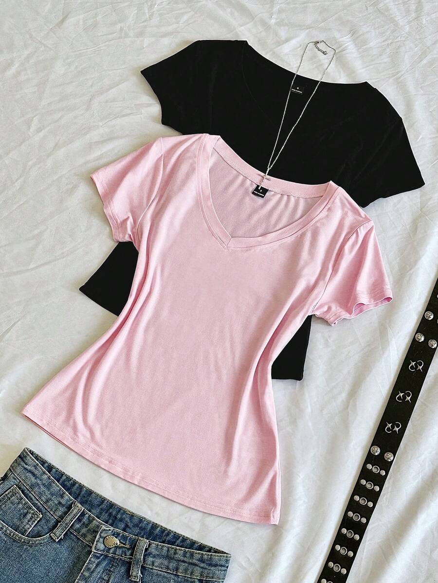 StreetHx 女士夏季V领紧身T恤，朋克亚文化动漫纯色基础款V领短袖修身T恤 - 彩色 - 查看 1