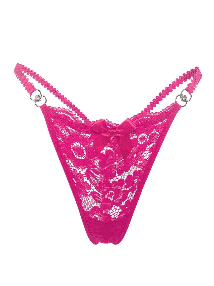 MidnightGlam Floral Lace O-Ring Detail Bow Front G-String Sexy Lingerie Bow Tie, Lingerie For Women,Sexy,Valentine's Day,Wedding - Hot Pink - View 1