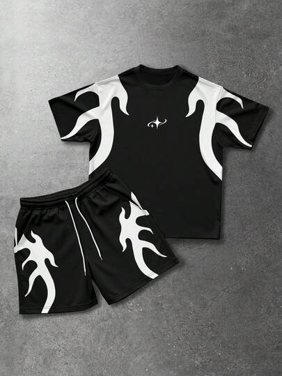 ROMWE MEN Prep Men's Printed Crew Neck Short Sleeve Casual T-Shirt And Drawstring Waist Shorts Set