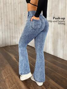 SHEIN PETITE 女士弹力腰带休闲百搭喇叭牛仔裤 - 藍色 - 查看 8