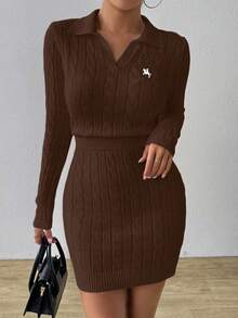 Rafferiza Pony Logo White Cable Knit Sweater, Embroidered Polo Collar Top, Fitted Sexy Dress For Women - Coffee Brown - View 4