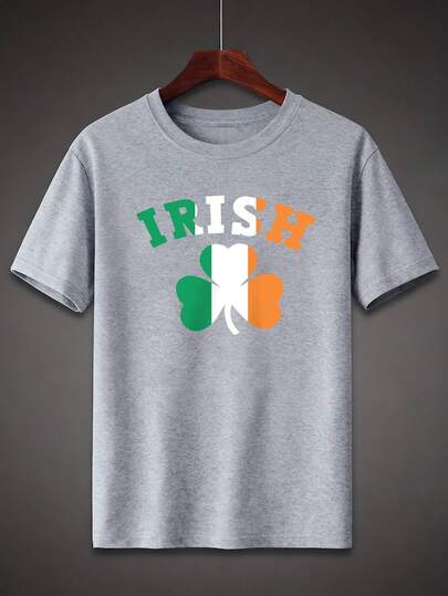 Manfinity Dauomo 男士“爱尔兰”图案T恤 - 休闲短袖圆领，轻盈透气，适合海滩和户外活动，沙滩休闲装 | 宽松版型 | 舒适版型