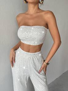 Almamuse Women's Fitted Sequin Embellished Loose Pants 2 Pieces Set - Silver - View 6