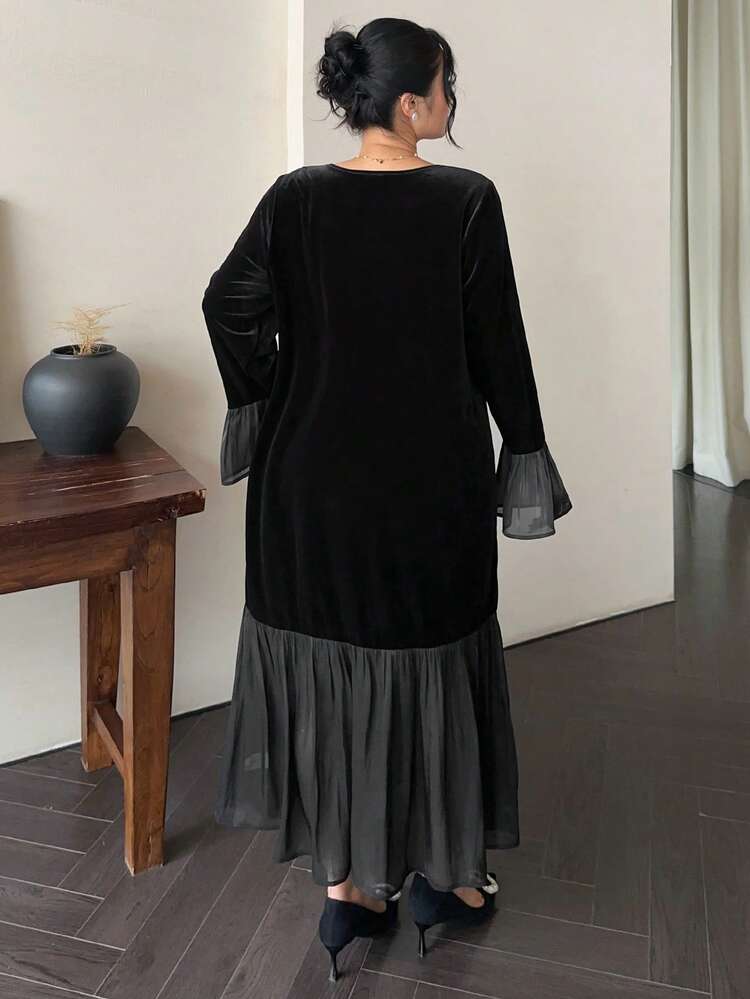 Dazy Plus Elegant Long Loose Fit Velvet Patchwork Chiffon Flare Sleeve Plus Size Dress For Women, Autumn/Winter Valentine's Day