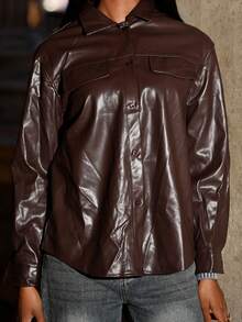 Mima John 女士纯色简约长袖衬衫，休闲日常穿着 - 棕色 - 查看 6