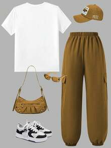 SHEIN ChillGRL 两件套少女休闲卡通印花圆领短袖T恤搭配宽松工装口袋裤套装，时尚百搭，适合日常和户外穿着，军绿色 - 芥末黃 - 查看 2