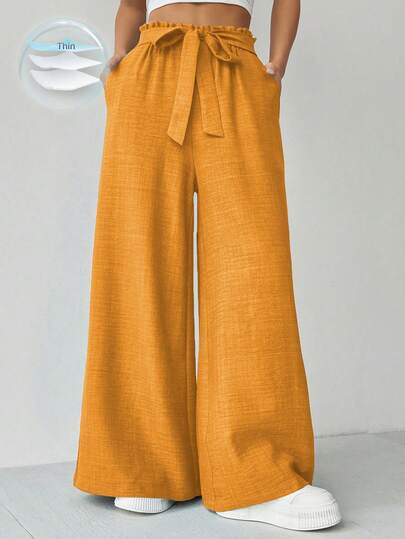 Chiquease Women's Solid Color Knotted Paper Bag Waist Pockets Casual Wide Leg Pants Wide Leg Pants Women Wide Leg Summer Pants