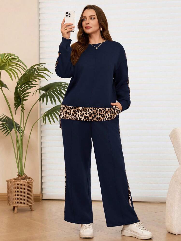 2 Pieces Casual Set Women Plus Size Women Winter Fuzzy Inside Leopard Patchwork Thermal Lined Round Neck Hoodie Top And Pants Set With Pockets,Women Leopard Print Navy Blue Set Autumn/Winter Women Navy Blue Two Pieces Set, Navy Blue Set Women, 2 Piece Lounge Sets Woman,Simple And Fashionable For Everyday Wear,Wide Leg Pants Set, Comfortable Two Piece Set,Going Out Outfits,2026 New Clothes,Simple And Fashionable For Everyday Wear,Early Spring, Plus Size Pants Set,Vacation Outfits Women ,Holiday Outfits For Women,Spring Outfit Women,Valentine's Day ,Valentine Outfits For Women