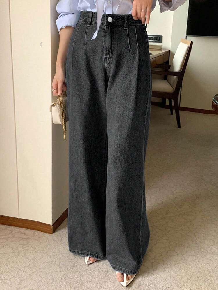 High Waist Washed Blue Pleated Wide Leg Jeans, Loose & Versatile Denim Pants For Autumn/Winter