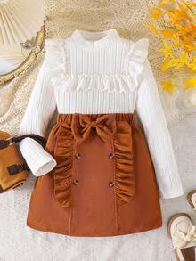 Elladie kids Tween Girls Elegant Casual Long Sleeve Ruffle Top Paired With Bow Decor Ruffle Skirt Outfit