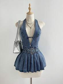 Elamini Y2K 时尚休闲性感露背无袖牛仔连衣裙，带褶裥裙摆 - 中等水洗藍 - 查看 4