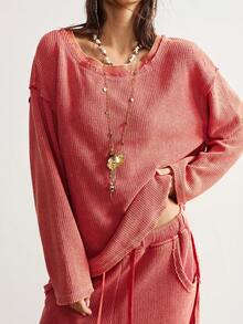 Bohemela 波西米亚风冬季圣诞新年休闲纯色针织圆领长袖宽松上衣和阔腿裤女式两件套 - 紅木色 - 查看 2