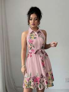 sin mangas con estampado floral y cinturón, adecuado para vacaciones de verano - Multicolor 6 - Ver 11