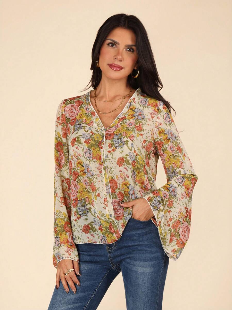 Coeurva Floral Print Trumpet Sleeve Blouse - Apricot - View 1