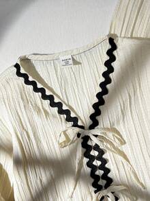 SHEIN Tween Girl Ivory French Puff Sleeve Ruffle Bow Blouse And Elastic Waist Pants Set, Long Sleeve Long Pants Set, Casual Vacation Outfit