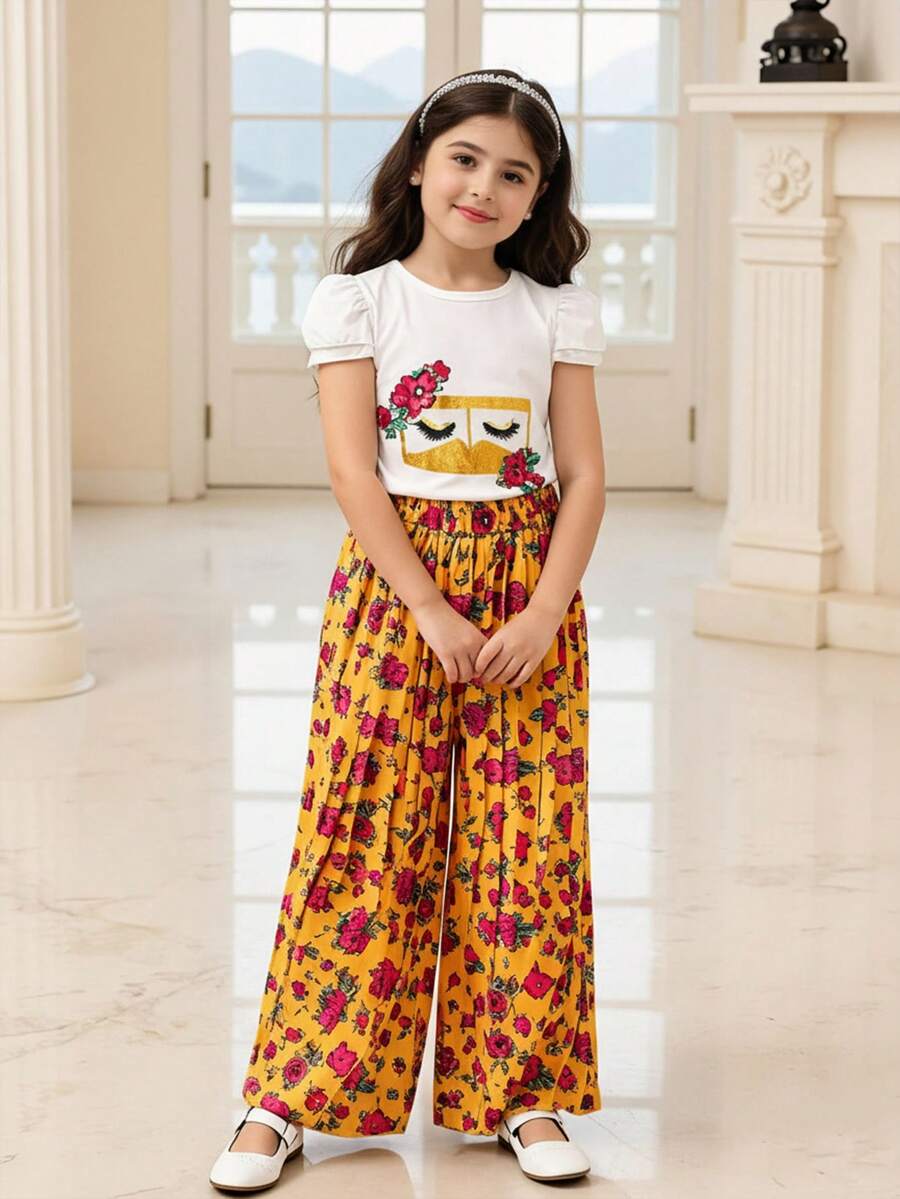 SHEIN Set de pantaloni Palazzo, cu mâneci bufante, florale, cu mâneci bufante, și cu model de trandafiri, ținută elegantă și confortabilă pentru primăvară/vară