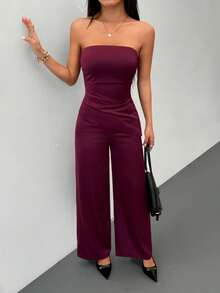 SHEIN PETITE Completo elegante da pendolare in raso bordeaux con orlo asimmetrico e top a tubo, pantaloni ampi e semplici. Completo elegante, nuovo abbigliamento da donna per l'anno nuovo, set elegante da donna, set bordeaux, tailleur marrone, outfit da festa, abiti natalizi, look autunnale da donna, adatto per primavera/estate, San Valentino, banchetti, appuntamenti - Bordò - Visualizzare 5