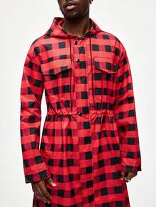 ROMWE MEN Men's Street Style Black & Red Plaid Long Sleeve Hooded Long Jacket - Multicolor - View 7