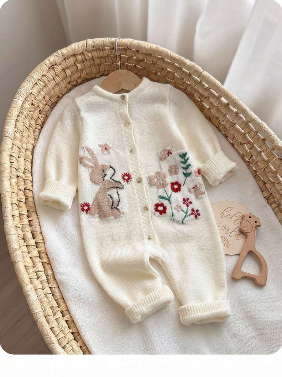 SHEIN Newborn Baby Girl Cute Cartoon Pattern Long Sleeve Sweater Romper, Autumn/Winter - Multicolor - View 1