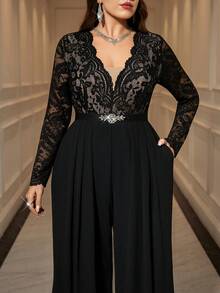 SHEIN Clasi 大码女式撞色蕾丝长袖褶皱阔腿优雅连体裤 - 黑色 - 查看 9