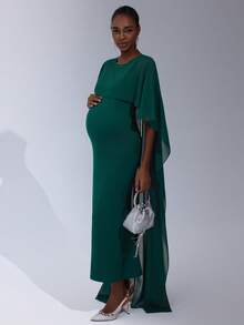 Cheriluna Maternity Solid Color Long Maternity Dress With Shawl Sleeves, Green Pleated - Green - View 3