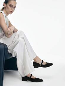 Mnmlis 女士尖头休闲通勤百搭粗跟平底鞋 - 黑色 - 查看 8