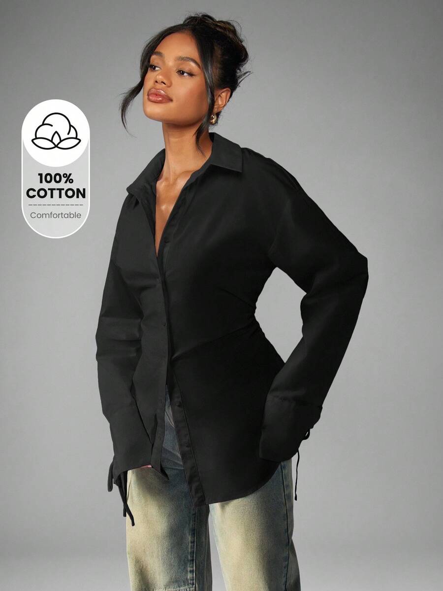 MISSGUIDED Áo sơ mi công sở thanh lịch cỡ lớn, tay dài, cài nút, eo nhún, thắt nơ, chi tiết cổ tay, thời trang công sở chuyên nghiệp mùa thu đông, trang phục công sở - màu đen - Xem 1