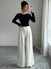 Elenzga Women's Solid Color Button Pleated Fashionable Versatile Commuter Casual Wide Leg Pants - Beige - View 6