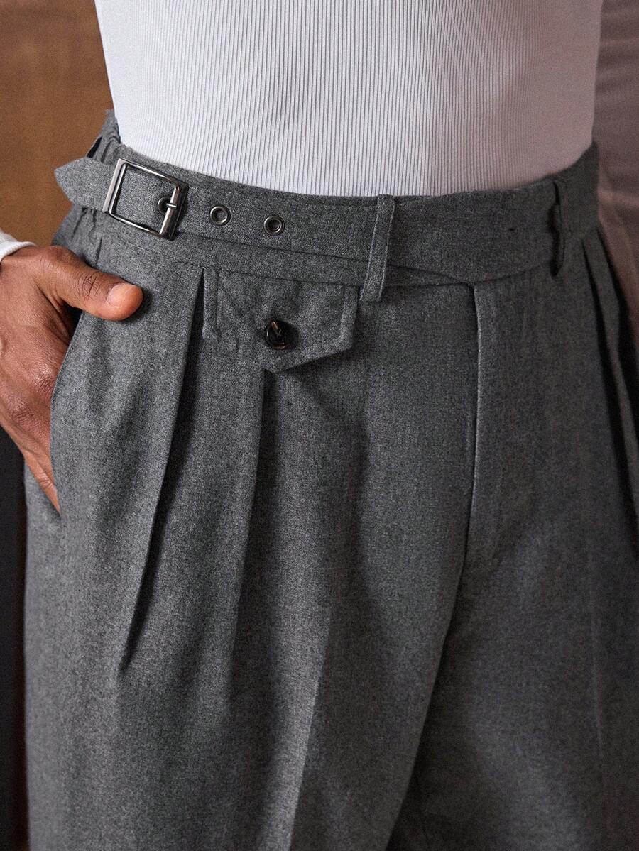 AKNOTIC Men's Solid Color Pleated Pocket Eyelet Fastener Design Casual Office Commute Suit Pants Mens High Waisted Pants Mens Wide Leg Pants Mens Pleated Suit Pants Men Church Pants Grey Dress Pants Men