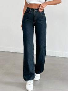 SHEIN 100%Cotton Women's Wide Leg Denim Pants - Dark Wash - View 5