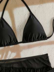 EgrlEra 女士纯色蛋糕裙露背吊带性感比基尼三件套，沙滩度假 - 黑色 - 查看 8