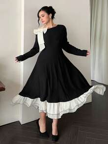 Dazy Plus Valentine Plus Size Elegant Bowknot Tie Shoulder Splice Ruffle Hem Bodycon Party Maxi Dress, Black, Spring/Autumn - Black - View 7