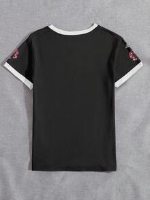 Resyla 女士舒适樱桃撞色印花圆领T恤，休闲舒适上衣 - 彩色 - 查看 2