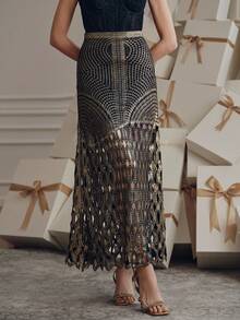 Anewsta Elegant Rope Knot Crochet Openwork Embroidered Gold Foil Skirt, Suitable For Summer, Beach, Festival, Holiday - Black - View 6