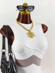 Amplova Women's Fashionable Sexy Mesh Patchwork Sleeveless Bodysuit, Suitable For Outdoor Spring/Summer Wear - White - View 5