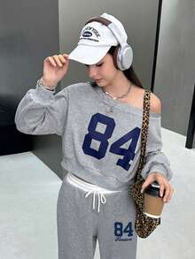 INAWLY 2pcs Women's Casual Asymmetric Collar Number Print Sweatshirt And Sweatpants Set, Spring/Fall - Multicolor - View 3