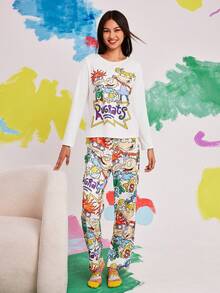 Nick 90s | SHEIN Women Cartoon Print Top & Pants Pajama Set, Fall Winter Clothes - White - View 7