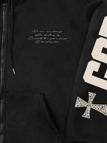 Manfinity EMRG 男士黑色连帽卫衣，“上帝爱你”英文图案，宗教十字架元素，暗黑街头风套头连帽衫，适合春、秋、冬日常穿着，Y2K风格时尚上衣，保暖内衬 - 黑色 - 查看 6