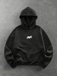 ROMWE MEN Street Life Men's Dropped Shoulder Long Sleeve Casual Letter Embossed Hoodie - Black - View 1