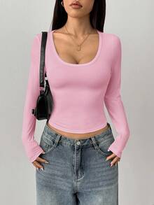 SHEIN PETITE Áo thun nữ tay dài cổ tròn bó sát màu hồng tối giản, thoải mái, phù hợp cho mùa hè và thu đông - Hồng - Xem 3
