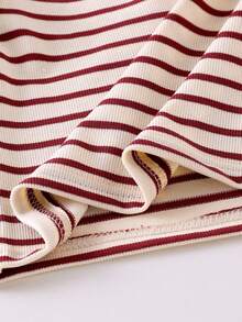 Genkimix Kids 2pcs Girls Striped Collar Long Sleeve Knit Top And Pants Set, Fashionable Children Casual Loungewear Outfit, Suitable For Early Autumn