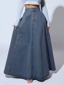 SHEIN SXY Chân váy denim maxi dài cài nút dành cho nữ, kiểu dáng thường ngày, đa năng, thích hợp đi làm, màu xanh dương, phù hợp cho ngày Valentine. - Màu xanh lam - Xem 7
