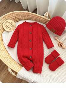 SHEIN 新生女宝宝可爱针织连体衣、脚套和帽子套装，适合秋冬季节穿着 - 紅色 - 查看 6