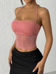 EgrlEra Women's Lace Mesh Patchwork Halter Casual Tank Top - Pink - View 5