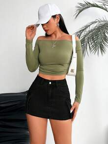 SHEIN PETITE 女士实用口袋修身休闲百搭牛仔迷你裙 - 黑色 - 查看 4