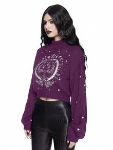 ROMWE High Neck Dark Gothic Black Mysterious Cat Embroidery Pullover Sweater - Red Plum - View 5