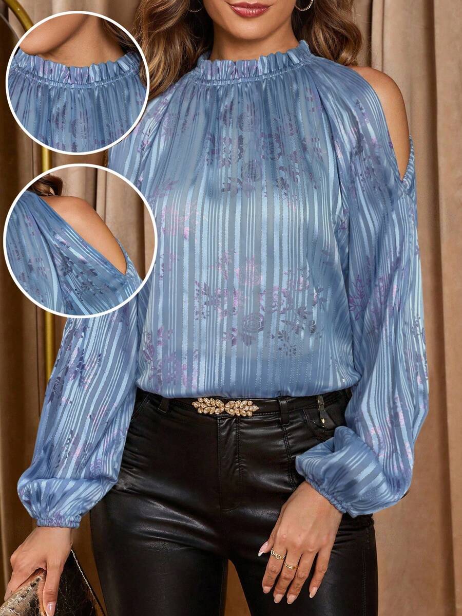 Amorya 女士优雅雪纺提花金属提花衬衫，露肩泡泡袖设计，适合日常穿着、聚会、派对、约会、万圣节等场合。 - 藍色 - 查看 1