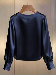 Franclia Women's Elegant Round Neck Pearl Embellished Long Sleeve T-Shirt, Suitable For Commuting - Royal Blue - View 2