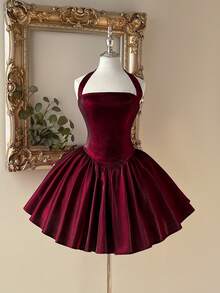 Lovelzi 优雅、浪漫、时尚的黑白弹力面料A字连衣裙，适合正式派对、婚礼、粉色鸡尾酒会、单身派对、舞会等场合。 - 酒紅色 - 查看 2