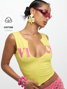 SUMWON WOMEN Sleeveless Tank Top Notch Neck Cotton Blend Summer Festival Youth Style Crop Text Detail Slim Fit Fashion Casual Clubbing Streetwear Dance Party